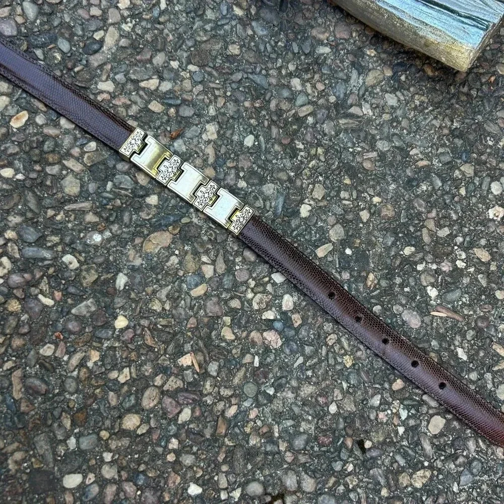 Brighton Brown Leather Gold Engraved Metal Link Belt Size Medium